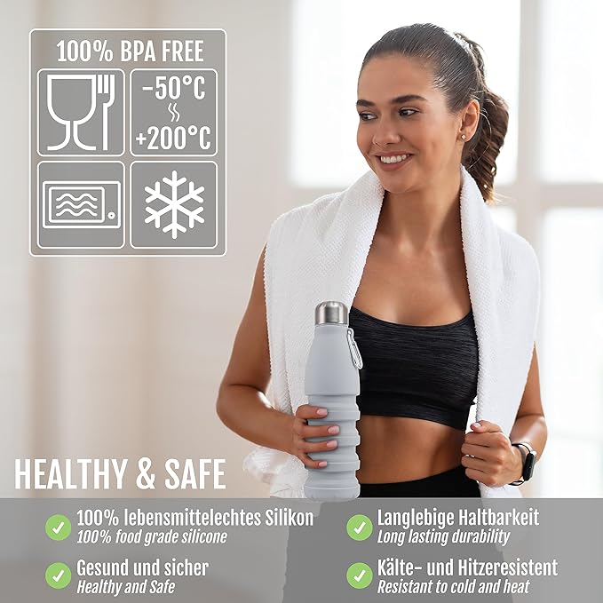 Foldable Drinking Bottle - BPA-free, leak-proof - Ideal festival accessory and practical outdoor companion with carabiner (Grey)