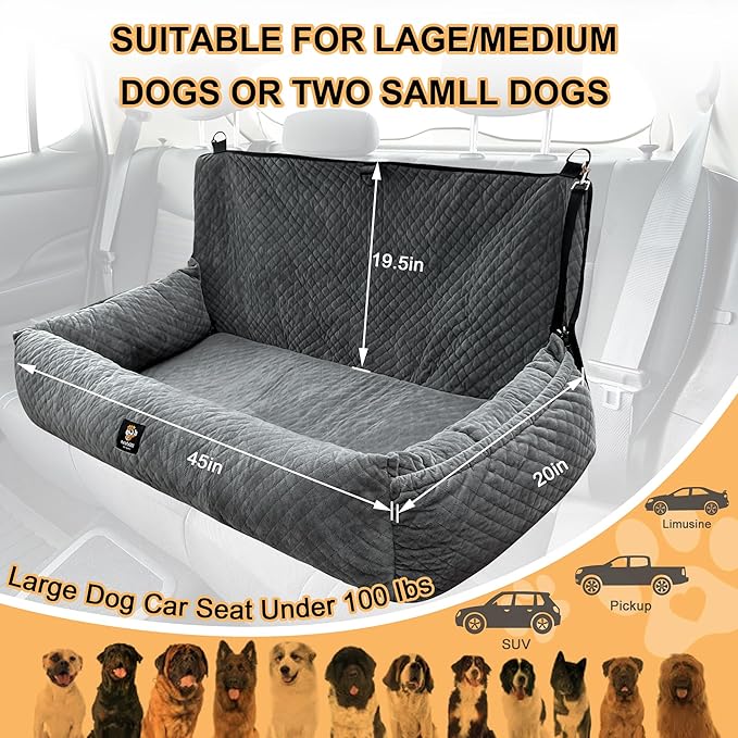 Sephyroth Dog Car Seat for Large Dogs Under 100LBS,Dog Car Bed Washable Pet Travel Safety Car Seat,Super Soft Safe Removable Pet Booster Seat,Fits for All Cars Back Seat-Gray