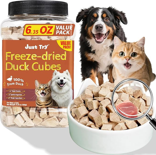 Just Try 6.35 oz Freeze Dried Duck Cubes Dog Treats & Cat Treats, Single Ingredient, Natural Training Treats, Grain Free, High Protein, Low Fat, Supports Skin & Joint Health, Rich in Vitamin B