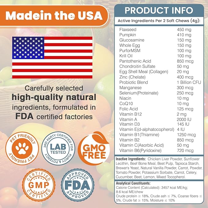 24-in-1 Dog Vitamins and Supplements 200 Ct Dogs Multivitamin Chewable Contain Chondroitin Probiotics Omega-3 Glucosamine for Dogs Skin Coat Heart Joint Gut Digestion Liver Brain Eyes Immune Support