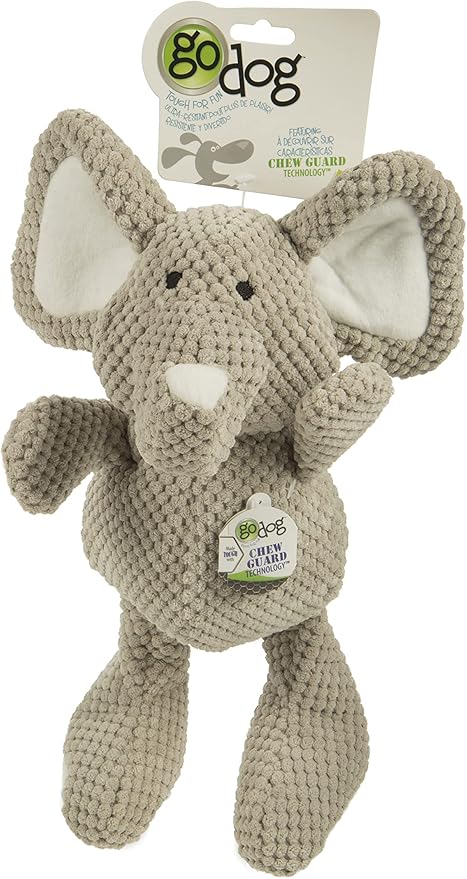 goDog Checkers Elephant Squeaky Plush Dog Toy, Chew Guard Technology - Gray, Large