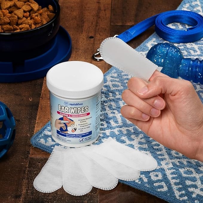 Squishface Dog Ear Relief Individual Finger Sheath Wipes – Non-Allergenic Ingredients & Irritation-Reducing Formula Cleans & Deodorizes, Helps Prevent Ear Itch & Odor – for All Breeds! (50 Count)