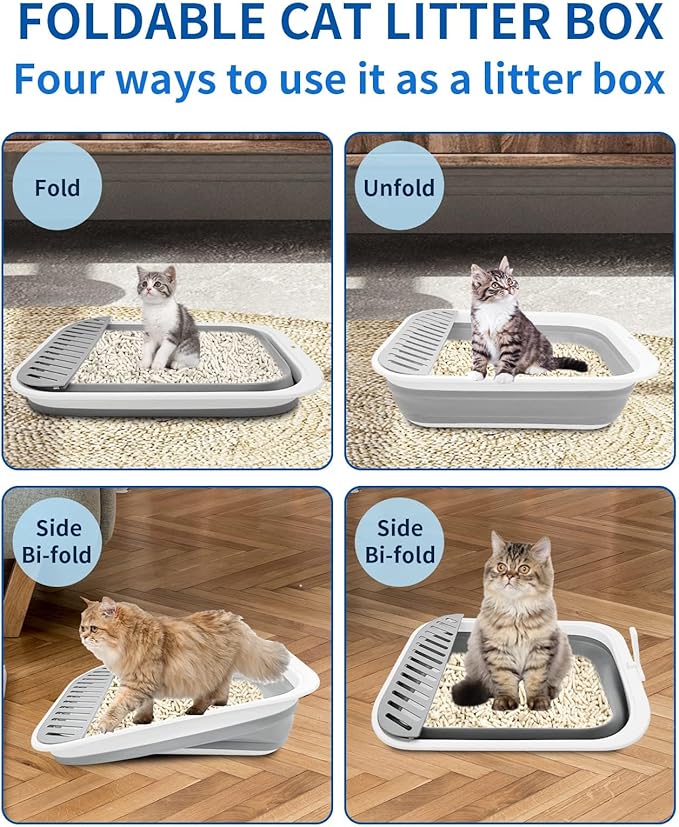 BNOSDM Collapsible Small Cat Litter Box for Kittens Open Potty Pan Foldable Cat Toilet with Scoop Senior Kitty Travel Shallow Litters Boxes Anti-Splash Waterproof Grey 17.7"×13.4"