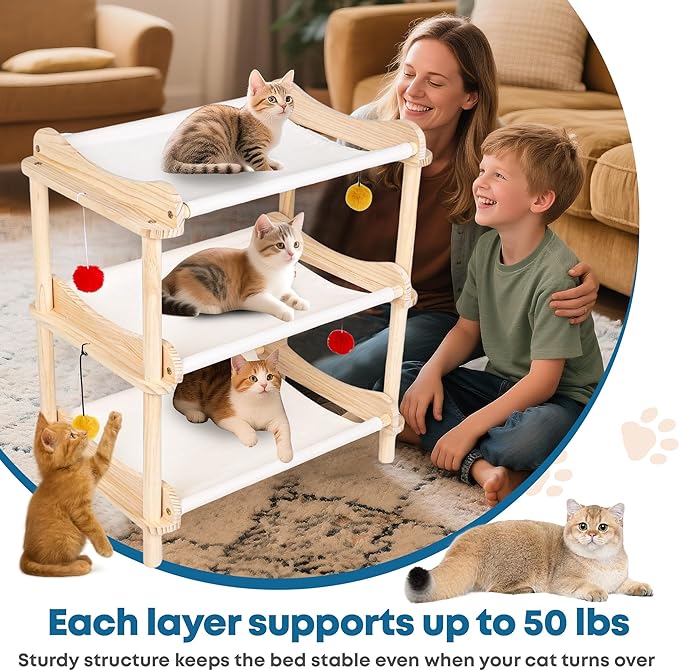 Large 3-Layer Cat Hammock Bed, 24"x15.7"x26.8" Elevated Cat Bed with Pine Wood Frame, Breathable Washable Covers, Wooden Pet Furniture for Indoor Cats and Small Animals(White, 3-Tier)