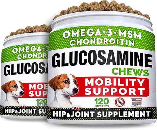 Glucosamine Treats for Dogs - Joint Supplement w/Omega-3 Fish Oil - Chondroitin, MSM - Advanced Mobility Chews - Joint Pain Relief - Hip & Joint Care - Peanut Butter Flavor - 240 Ct