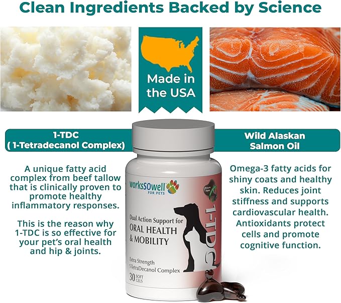 1TDC WorksSoWell Dual Action Joint Supplement for Dogs & Cats - Hip and Joint Supplement for Large Breed & Small Breed - Also Great for Oral Health - Muscle & Stamina Recovery & Arthritis - 30ct