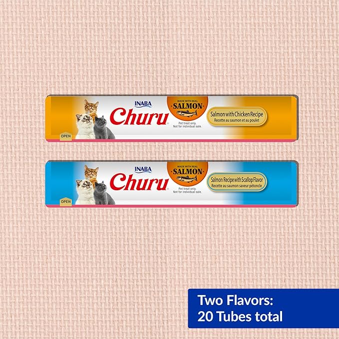 INABA Salmon Churu Cat Treats, Lickable, Squeezable Creamy Purée Cat Treat with Green Tea Extract & Taurine, 0.5 Ounces Each Tube, 20 Tubes, Scallop & Chicken Variety Box
