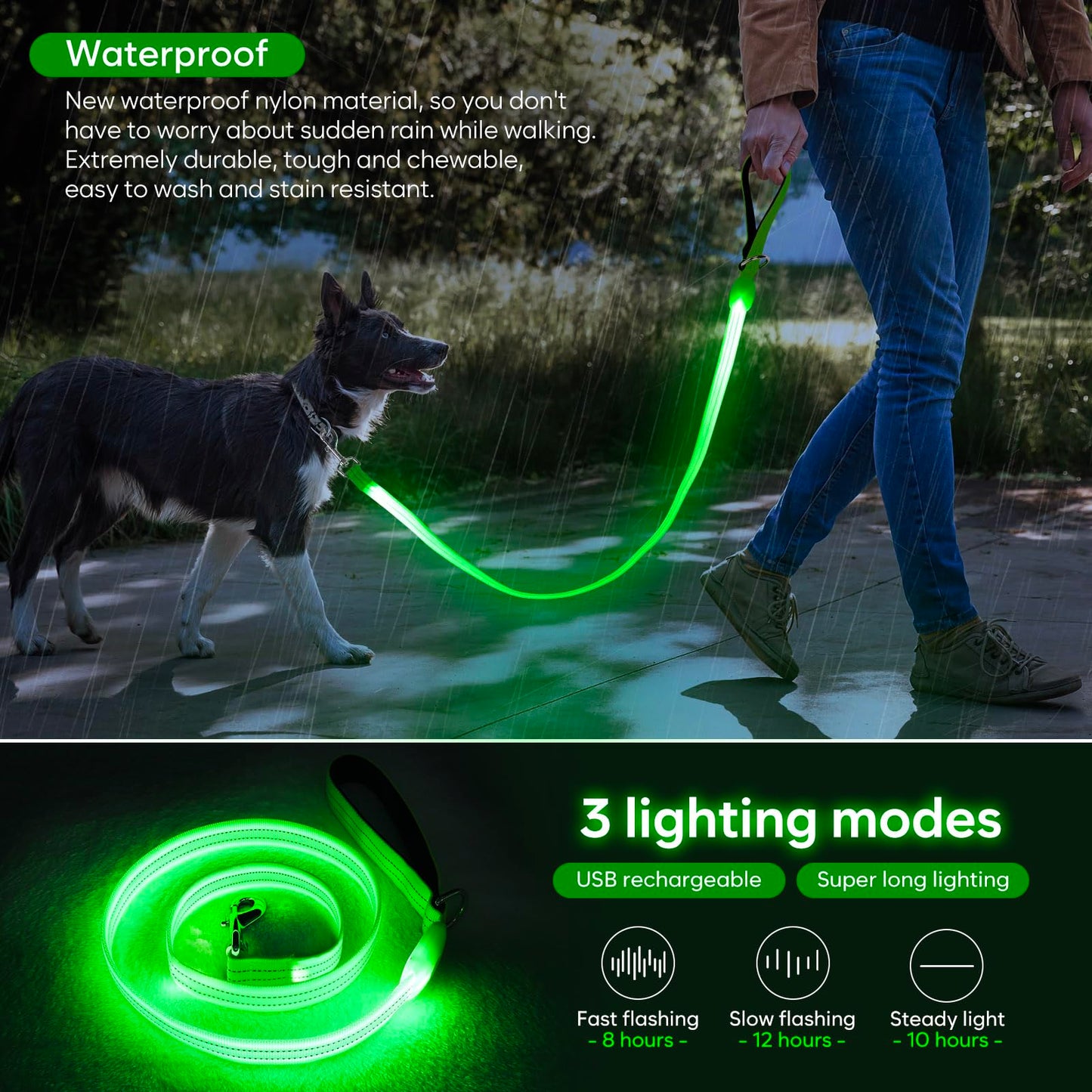 LED Dog Leash, Light Up Dog Leash 4 Ft Fully Illuminated USB Rechargeable Waterproof, Nylon Reflective Leashes with Padded Handle for Dogs Night Walking, Safety Glow in The Dark for Large Medium Pets