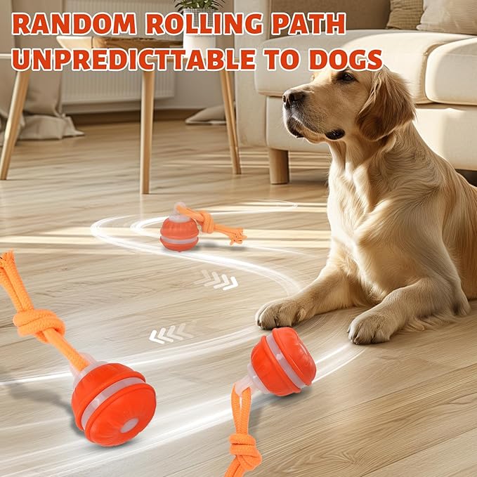 Interactive Dog Ball Random Path Electric Automatic Moving and Rolling Dogs Toy with Rope Dog Squeaky Ball for Large Puppy Dogs for Boredom Relief