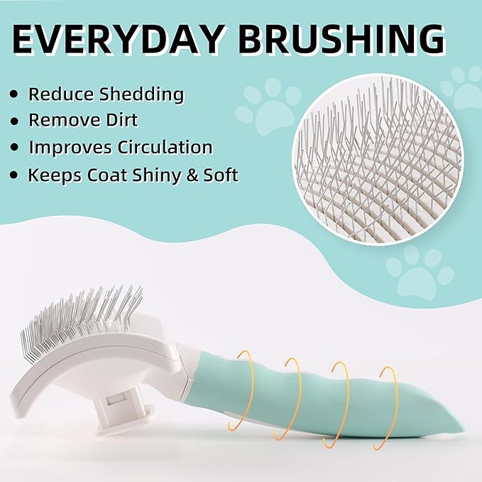 Dog Self-Cleaning Slicker Brush with One Button Fur Removal Deshedding Brush for Dogs and Cats with Long Hair for Shedding Massaging Grooming Green