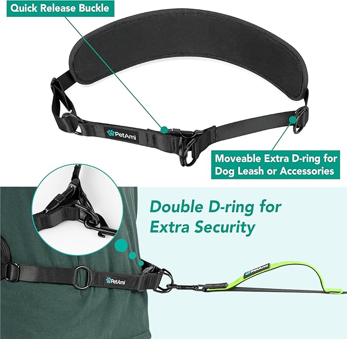 PetAmi Heavy Duty Hands Free Dog Leash, Adjustable Waist Belt for Large Dog Walking Up to 125 lbs, Bungee Leash for Pet Running, Hiking, Reflective Safety for Jogging, Biking, Green Handle
