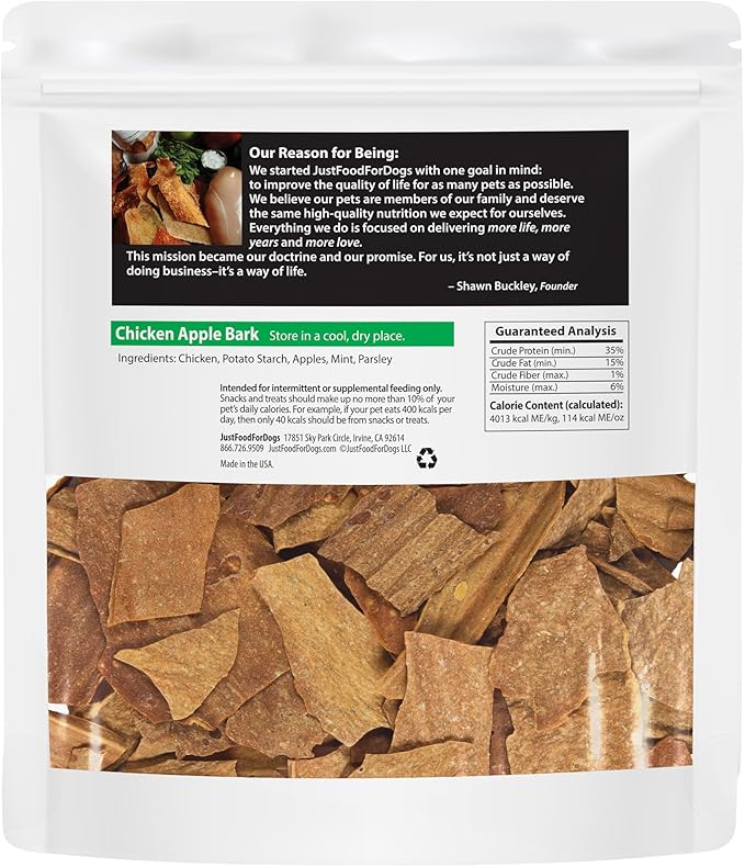 JustFoodForDogs Healthy Dog Treats, Limited-Ingredient, Chicken Apple Bark, Made in The USA, 5 oz