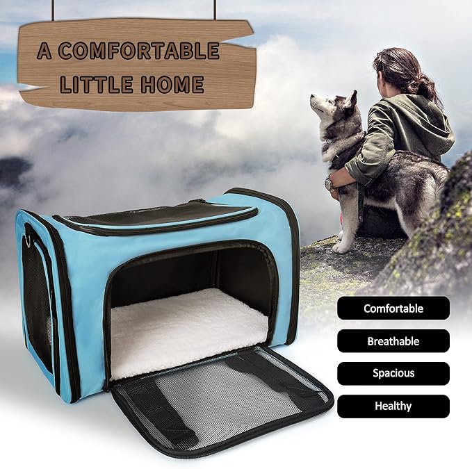 Mile High Life | Outdoor Travel Pet Carrier | Kitty Puppy Cat Carriers | Collapsible Dog Carrier for Small Medium Dogs | Cat Crates w Breathable Mesh with Soft-Sided (Blue, Large)