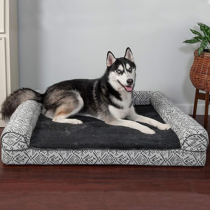 Furhaven Orthopedic Dog Bed for Large Dogs w/ Removable Bolsters & Washable Cover, For Dogs Up to 95 lbs - Plush & Southwest Kilim Woven Decor Sofa - Boulder Gray, Jumbo/XL