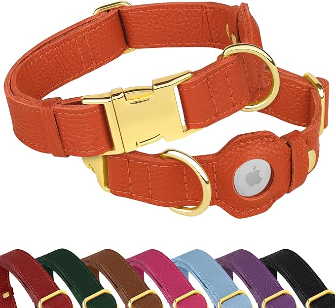 Leather Airtag Dog Collar - Soft Tracking Dog Collar with Apple AirTag Holder and Metal Buckle - Safety GPS Pet Collars for Small Medium Large Dogs Puppy Pink Red (Orange, M, 14"-18" Neck Fit)