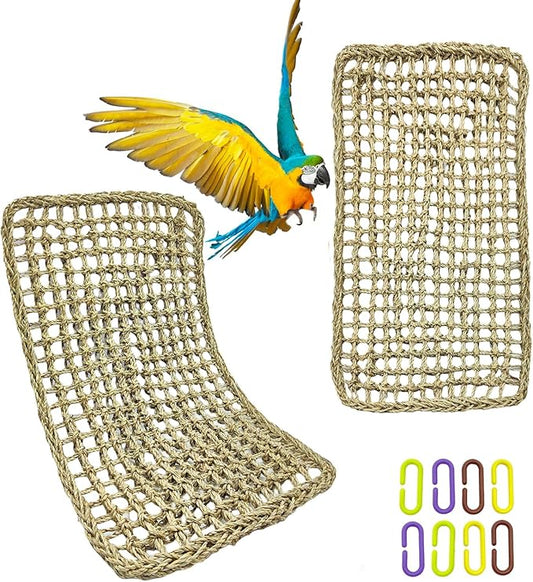 Large Bird Seagrass Mat 24 × 14 ''Natural Seagrass Woven Bird Net Hammock Climbing Rope Ladder with Hooks Chew Toy for Parrot Guinea Pig Lovebird Cockatiel Pigeon