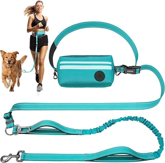 Hands Free Dog Leash with Removable Zipper Pouch, Dual Padded Handles and Durable Bungee for Walking, Jogging and Running Green