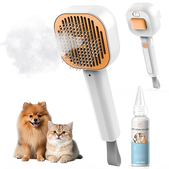 3 in 1 Cat Brush - Dog Brush, Steam for Shedding & Grooming, Indoor & Outdoor Shedding Spritz Comb for Long & Short Hair Cats & Dogs, Cat Steam Brush - Includes Waterless Shampoo, Orange