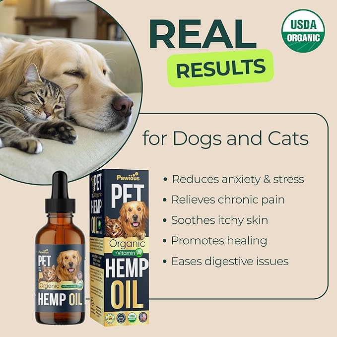 Hemp Oil for Dogs and Cats - USDA Organic, Large 2oz Bottle, Made in USA - Omega 3, 6 and 9, Vitamins A and E - Hip and Joint Support - Anxiety, Arthritis and Seizures Relief, Calming Aid