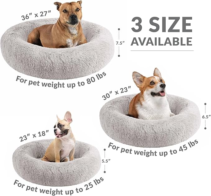 Friends Forever Serena Donut Memory Foam Orthopedic Dog Bed, Soft Faux Fur Oval Cat Couch For Indoor Pet, Fluffy Calming Plush Shag, Round Raised Bolster Cushion, Machine Washable Cuddler, Grey
