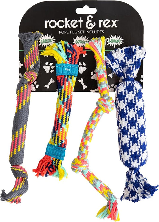 rocket & rex Dog Rope Tug Set for Small Breeds, Includes Ropes with Rubber Interiors, a Squeaker & Crackle Lining, Reduces Destructive Chewing & Anxiety (Pack of 4)