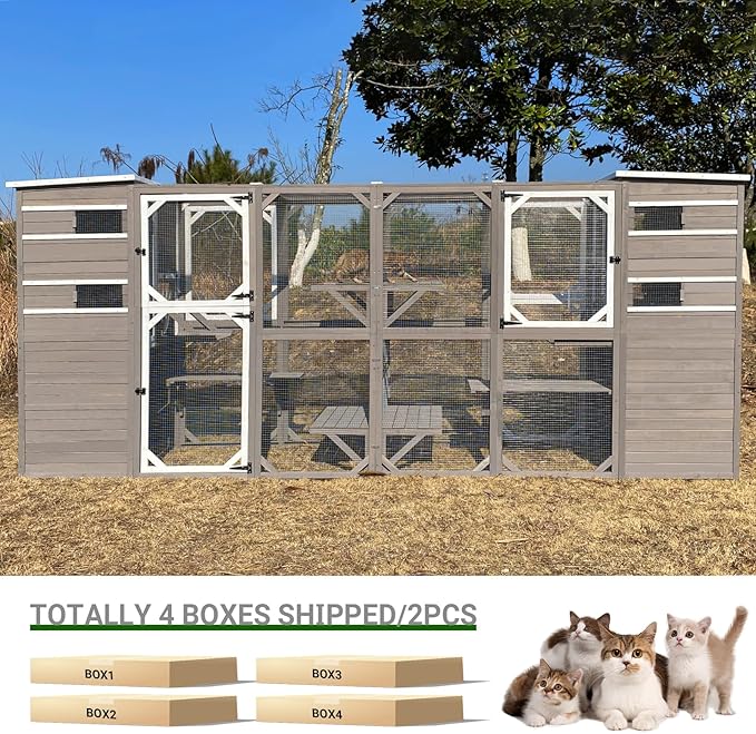 Large Catio Outdoor Cat Enclosure, Weatherproof Cat House Attached to Window for Multi Cats, 4 Story Wooden Kitten Condo Asphalt and UV Protection Roofs, Multi Platforms 153.6" L x 70" H