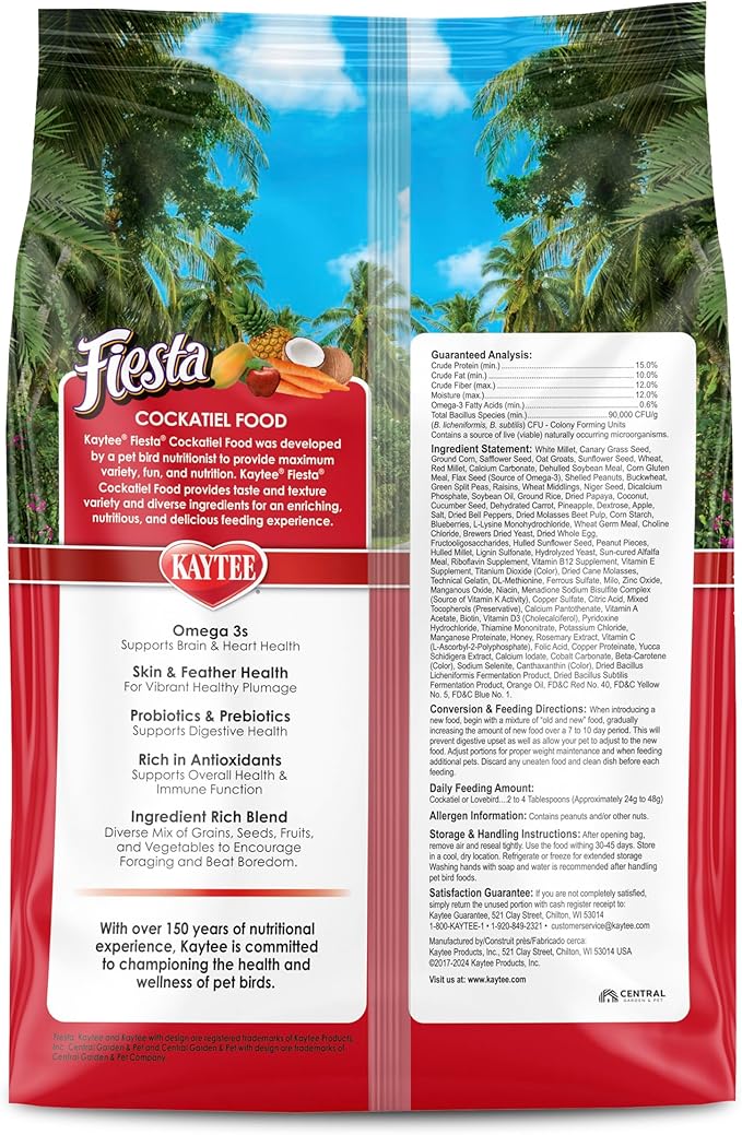 Kaytee Fiesta Cockatiel Food, Nutritious and Fun Blend, Supports Skin, Feather, Digestion, Brain and Heart Health, 4.5 pounds