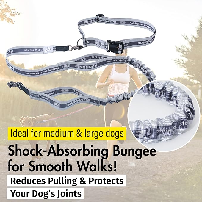 Hands Free Dog Leash with Waist Belt Lifetime Replacement, Dual Handle Bungee Leash for Running, Jogging, Hiking and Walking, for Medium and Large Dogs 5318