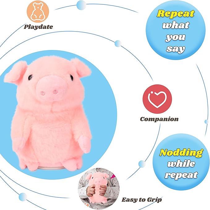 Hopearl Talking Pig Repeats What You Say Piggy Nodding Electric Interactive Animated Toy Speaking Plush Buddy Gift for Toddlers, Pink, 6.5''