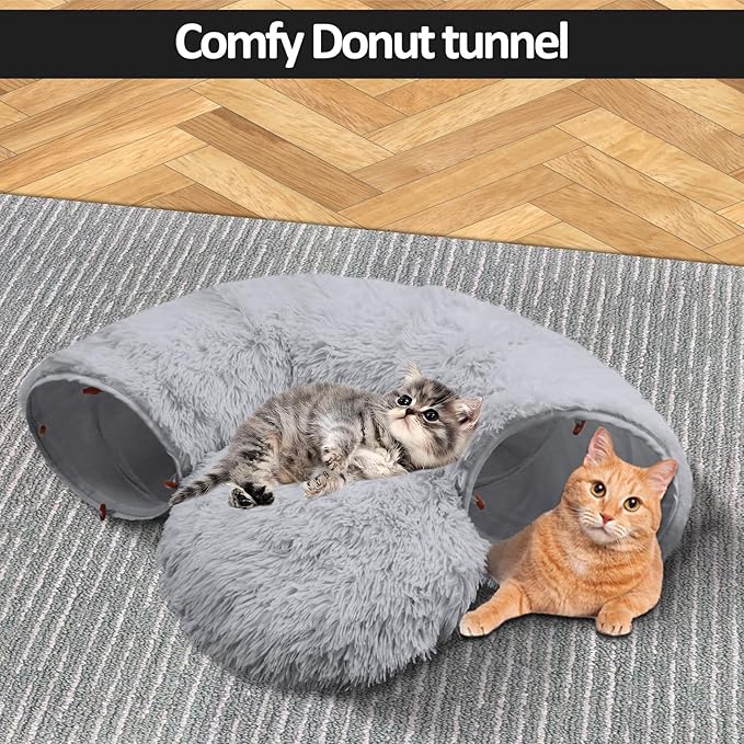 Cat Tunnel Bed with Central Mat, Soft Fluffy Plush Cat Tube Playground Toys, Collapsible Multi-Combinations Donut Circle Tunnel for Indoor Cat Kitten Kitty Puppy Rabbit Ferret (Gray)