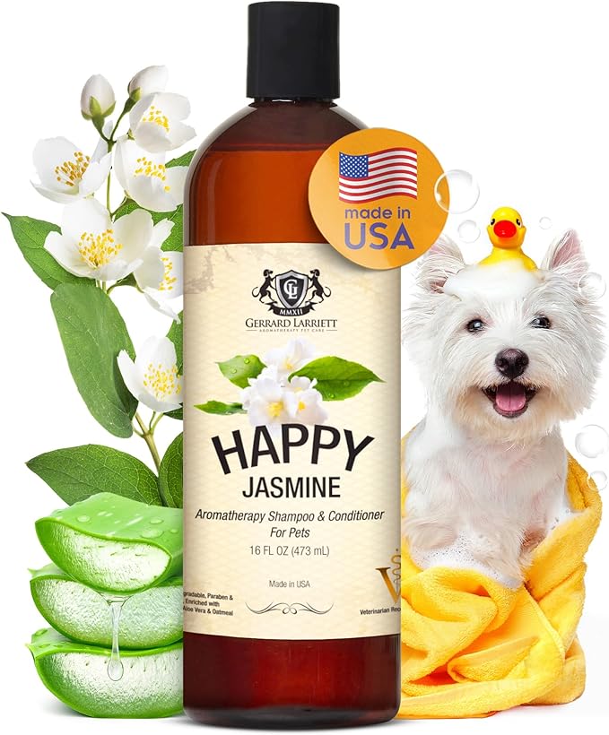 Dog Shampoo and Conditioner Itchy Skin Relief Happy Jasmine 16oz Hypoallergenic Dog Shampoo and Conditioner Sensitive Skin for Smelly Dogs, Aloe Vera & Oatmeal Puppy Soap by Gerrard Larriett