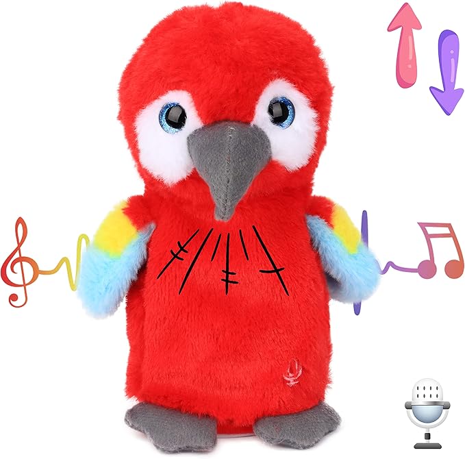 Hopearl Talking Parrot Repeats What You Say Nodding Electric Interactive Animated Toy Speaking Plush Buddy Gift for Toddlers, Red, 7.5''