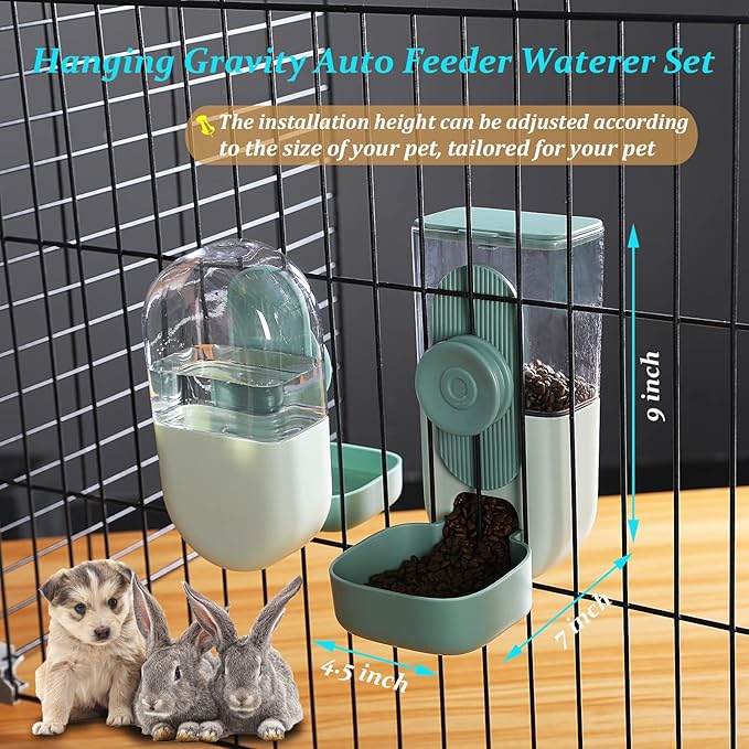 Kenond 35oz Hanging Automatic Pet Food Water Dispenser, Auto Gravity Pet Feeder and Waterer Set, Cage Cat Food Bowl Dog Feeding Station for Puppy and Kitten Rabbit Chinchilla Hedgehog Ferret (Green)