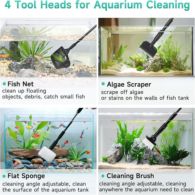 hygger Small Aquarium Cleaning Tools, 4 in 1 Fish Tank Cleaner Kit with Handle,Fish Net,Algae Scraper,Clean Brush,Flat Sponge
