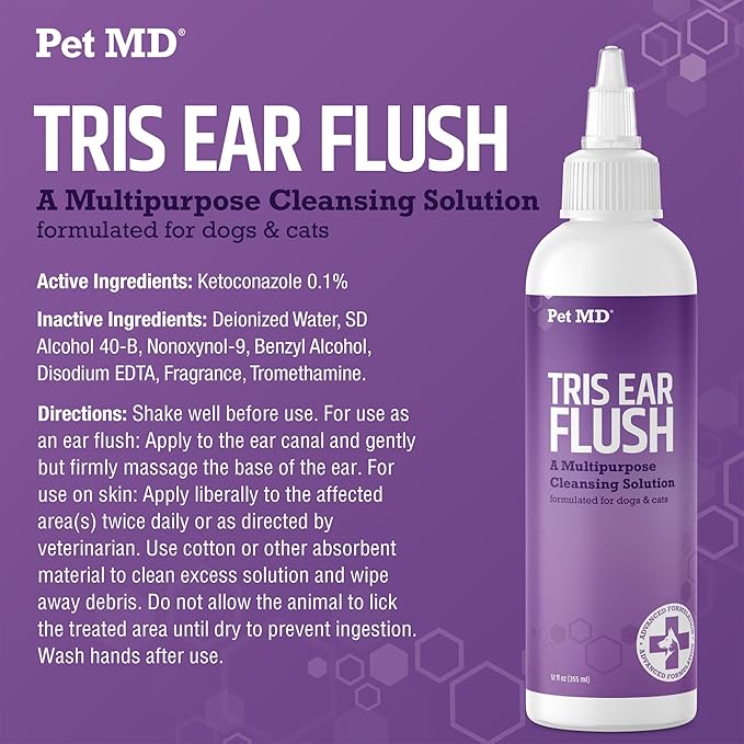 Pet MD Veterinary Tris Flush Cat & Dog Ear Cleaner - and Infection Treatment with Ketoconazole 12 oz