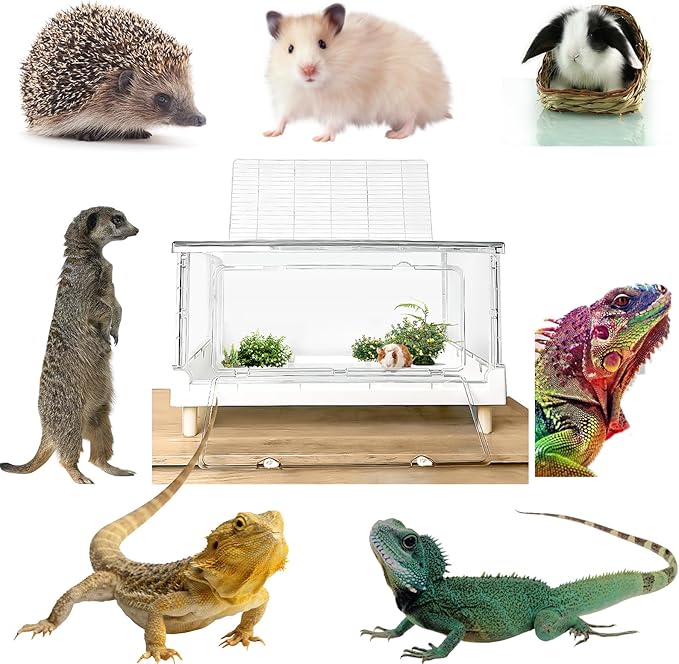 Hamster Cage & Guinea Pig Cages,Fully Transparent and Eco-Friendly Large Acrylic Cage for Small Animal Pets,Such as:Bearded Dragon,Rat,Hedgehog,Chameleon,Iguana, etc (27.5Lx16.9Wx13.4H Inches)