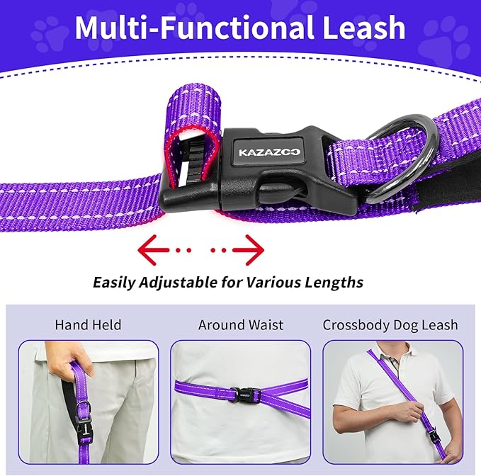 Hands-Free Dog Leash with Adjustable Length 6-9FT + Dual Padded Handles Reflective Safety for Walking, Jogging & Training | Suitable for Medium to Large Dogs & Puppies Purple-L