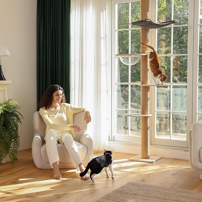 FUKUMARU Floor to Ceiling Cat Tree, 6 Level Adjustable Height (5.7-9.8 ft) Climbing Tower with Thickened Scratching Posts, Cats Activity Center with Transparent Capsule and Cozy Hammock