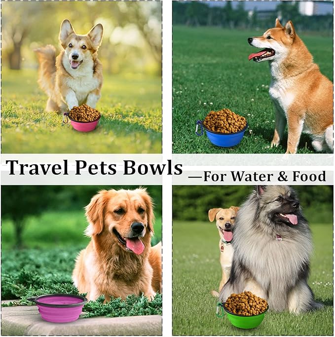 LAVAED 4 Pack Collapsible Dog Bowl Portable Foldable Travel Pets Bowls Cats Water Feeding Food Bowls Silicone Expandable Cup Dish Puppies for Walking Camping Outdoors with Carabiner Clip