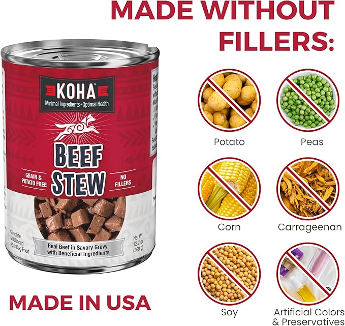 KOHA Minimal Ingredient Beef Stew for Dogs, High Protein Limited Ingredient Dog Food, 12.7oz Cans (Case of 12)