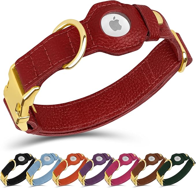 Leather Airtag Dog Collar - Soft Tracking Dog Collar with Apple AirTag Holder and Metal Buckle - Safety GPS Pet Collars for Small Medium Large Dogs Puppy Pink Red (Red, L, 17"-21" Neck Fit)