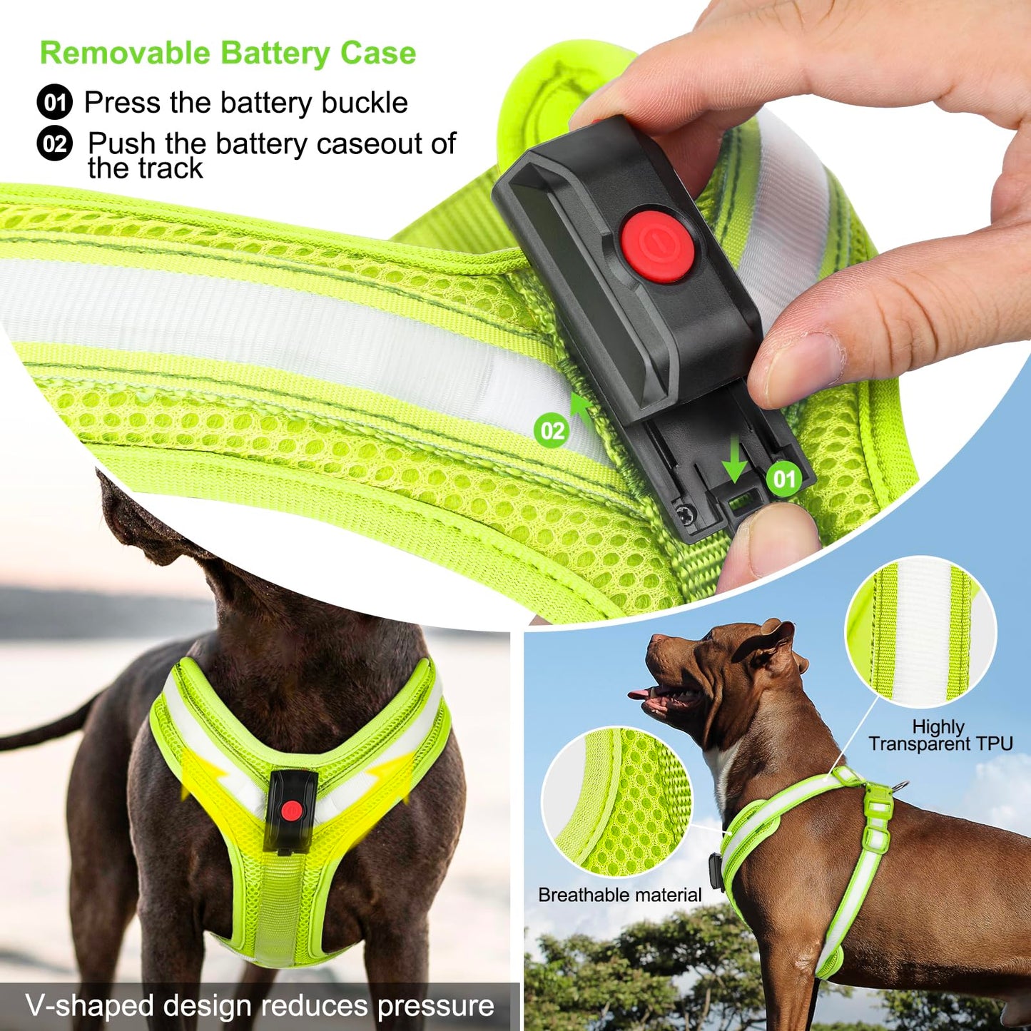 KOSKILL Light Up Dog Harness,Led Dog Harness Rechargeable,Lighted Dog Harness Glow in The Dark, LED Dog Vest Reflective,Light Up Harness for Dogs,Dog Lights for Night Walking(Green,L)