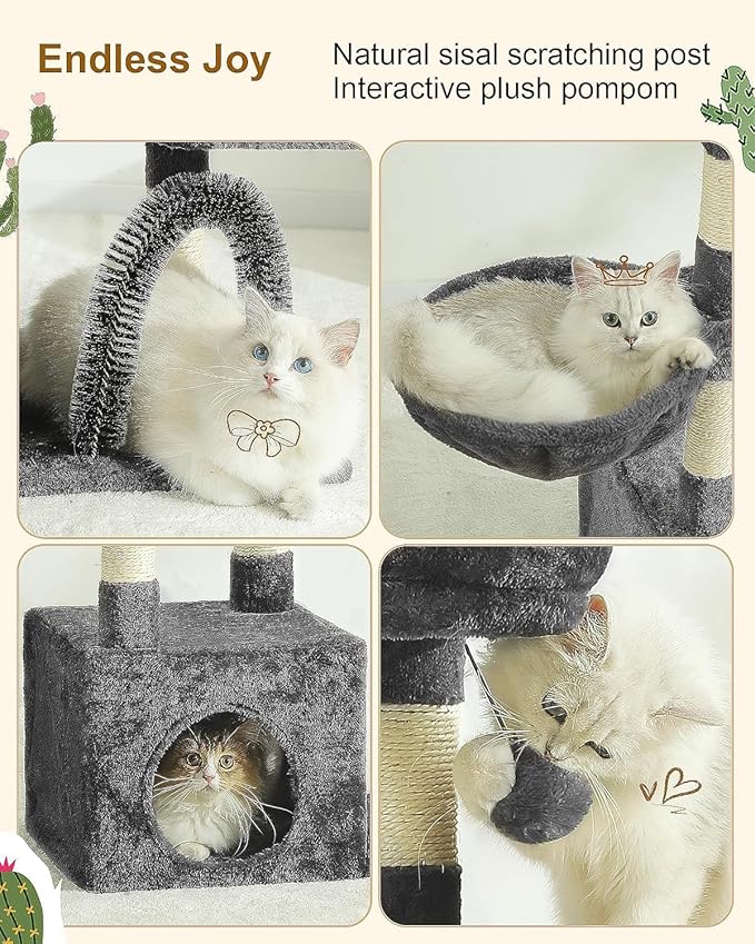 HOOPET 32IN Cat Tree for Indoor Cats - Multi-Level Cat Tower with Hammock, Condo, Scratching Posts, Self-Grooming Brush & Play Ball - Space-Saving Cat Furniture for Small Apartments