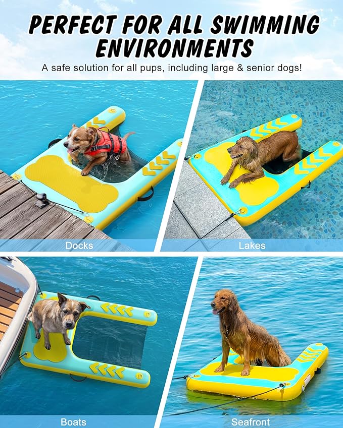 Inflatable Dog Water Ramp, 60"x 40" Extra Large Boat Ramp Floating Dock for Pool Dock Lake Boat, Non-Slip EVA Floating Platform Swimming Float Ladder Steps Pup Plank Pool Ramps for Dogs Up to 240 lbs