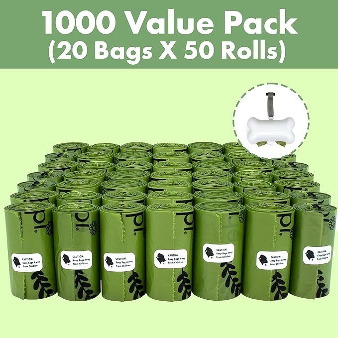 GORILLA SUPPLY Dog Poop Waste Bags with Dispenser and Leash Tie, 9" x 13", Green, 1000 Count