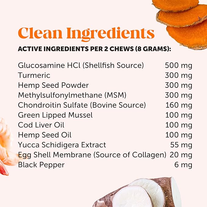 Hemp Hip & Joint Supplement for Dogs - Hemp Oil & Powder - Glucosamine Chondroitin for Dogs, Turmeric, MSM, Green-Lipped Mussel, Supports Mobility, May Reduce Discomfort (Bacon)