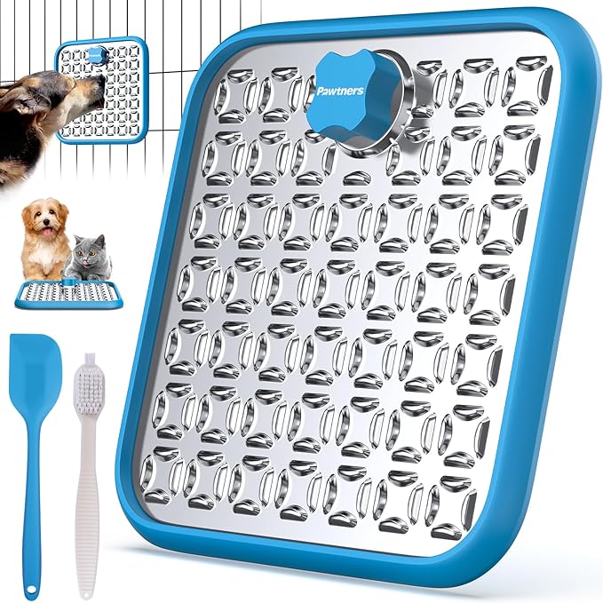 Stainless Steel Large Lick Mat: Dog Lick Mats for Large Dogs, Cat Licking Pads for Crate Boredom & Anxiety Reduce, Slow Feeding, Cat Slow Feeder Mat with a Spatula, Scrubbing Brush, Blue