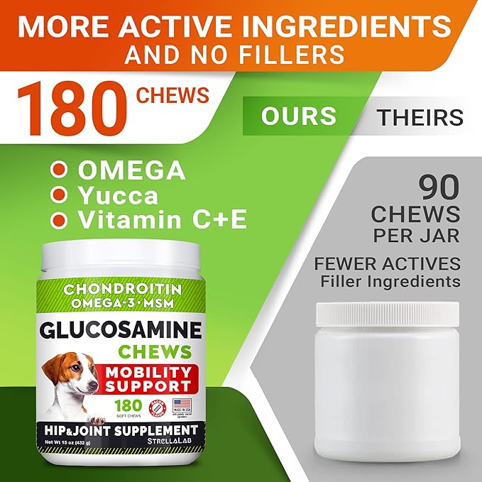 Glucosamine Treats for Dogs - Joint Supplement w/Omega-3 Fish Oil - Chondroitin, MSM - Advanced Mobility Chews - Joint Pain Relief - Hip & Joint Care - Bacon Flavor - 180 Ct - Made in USA