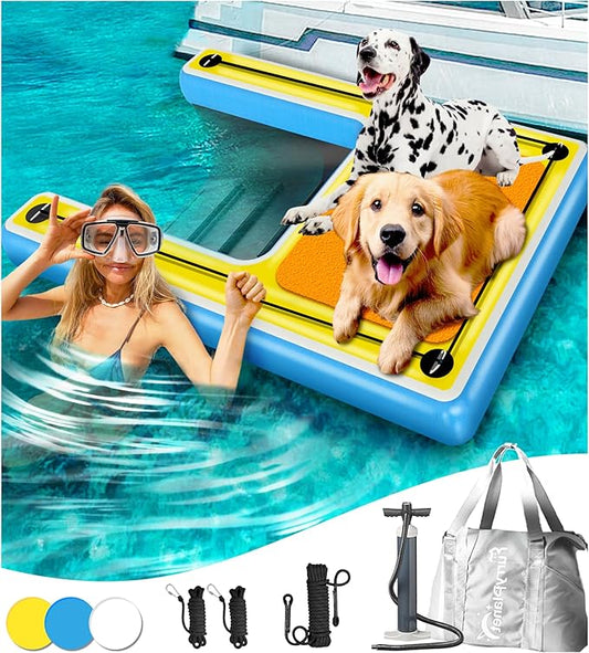 Inflatable Dog Pool Water Ramp – 60"x40" Extra Large Boat Ramp for Dogs Up to 240 lbs, Non-Slip Puncture-Resistant Floating Dock Platform, Water Ladder for Lakes, Pools, Boats & Oceans