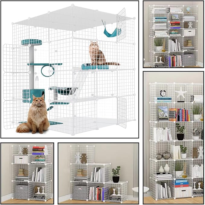Large Cat Cage Enclosure Indoor DIY Cat Playpen Pet Home Small Animal House Detachable Metal Wire Kennels Crate Large Exercise Place Ideal for 1-4 Cat, White (41x41x55-White)